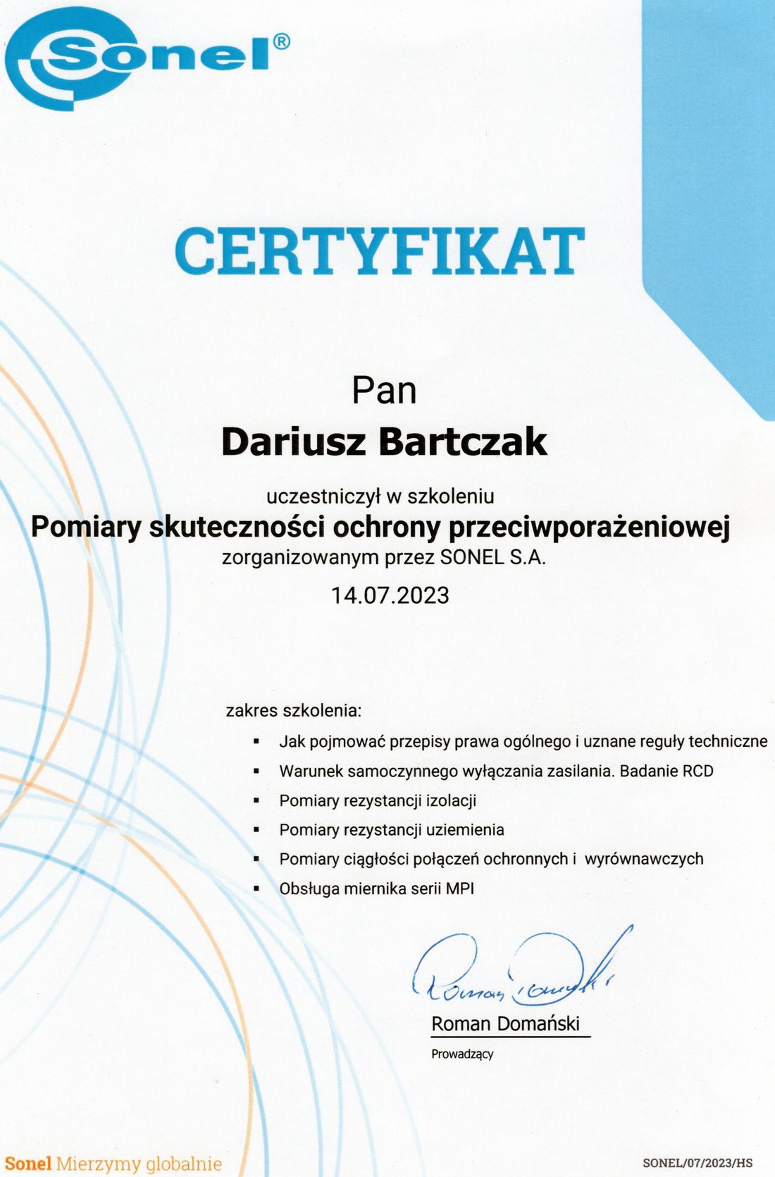 Certyfikat Sonel